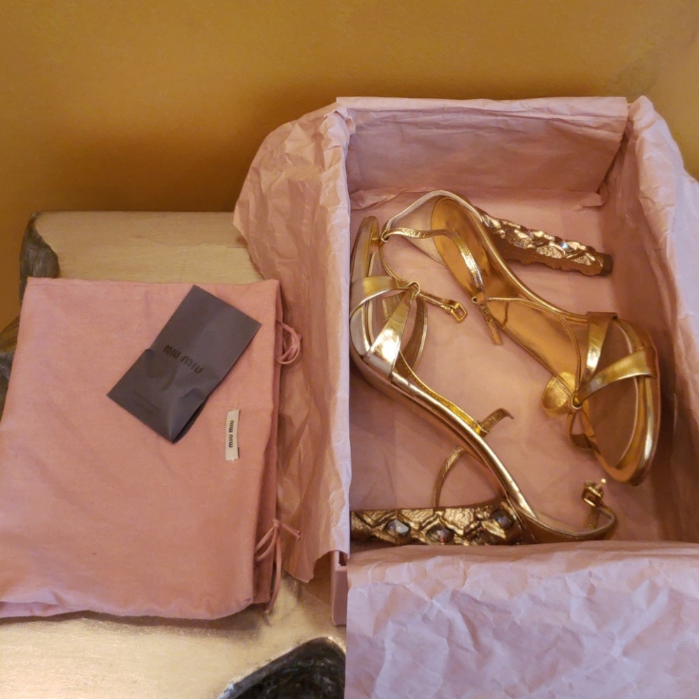 Miu Miu Metallic Gold Sandal with Jeweled Heel - Picture 7 of 7